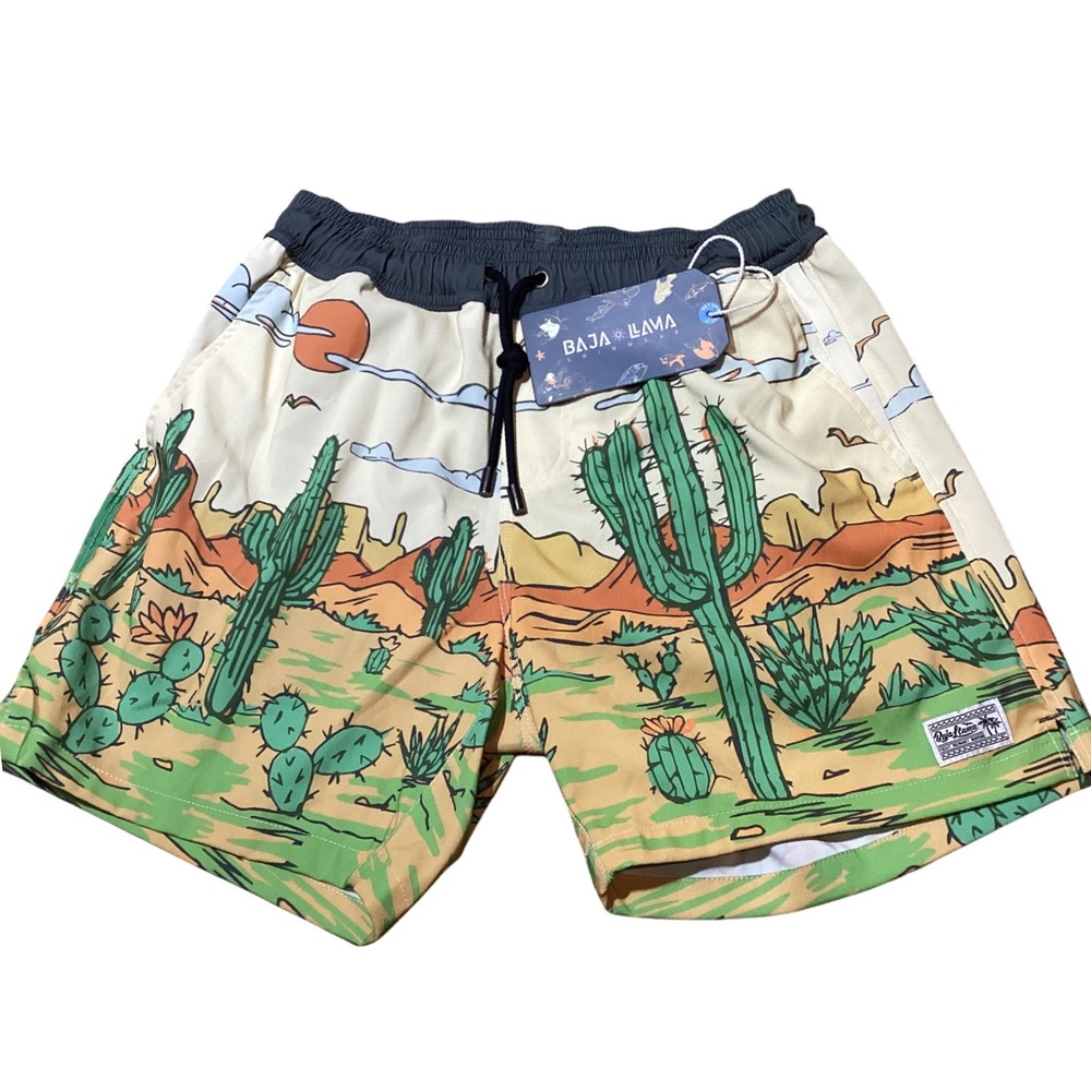 Baja Llama Mens‎ Swim Trunks Desert Cactus Print  Swimwear Shorts - Siz S - NWT